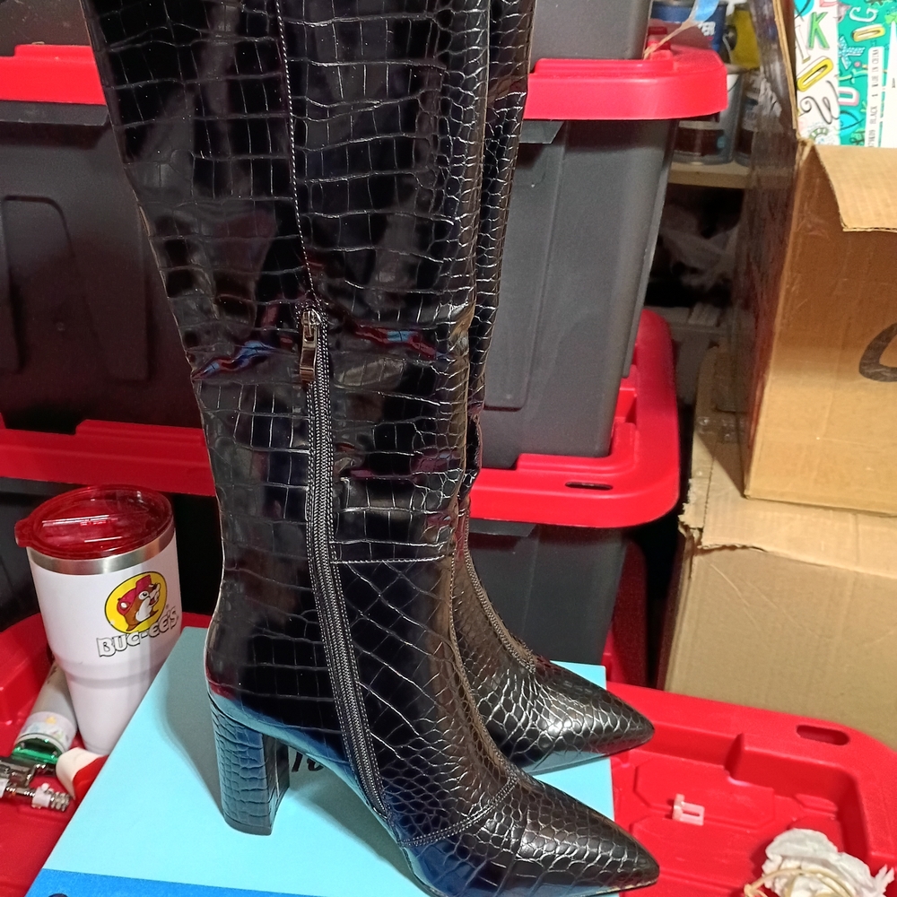 Black Crocodile-Embossed Knee-High Boots